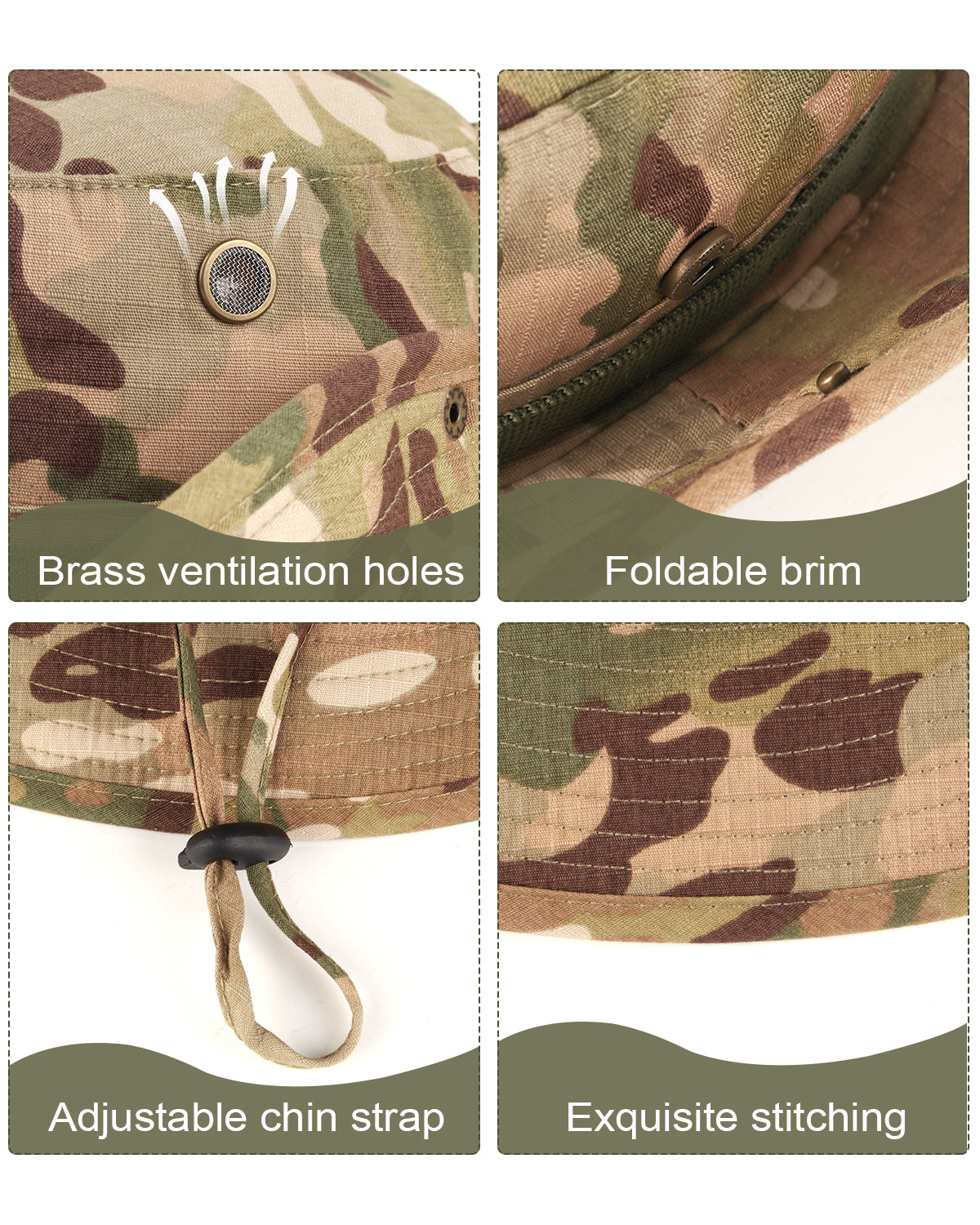 Khaki tactical boonie sun hat for big heads - tactical features and adjustable chin strap detail