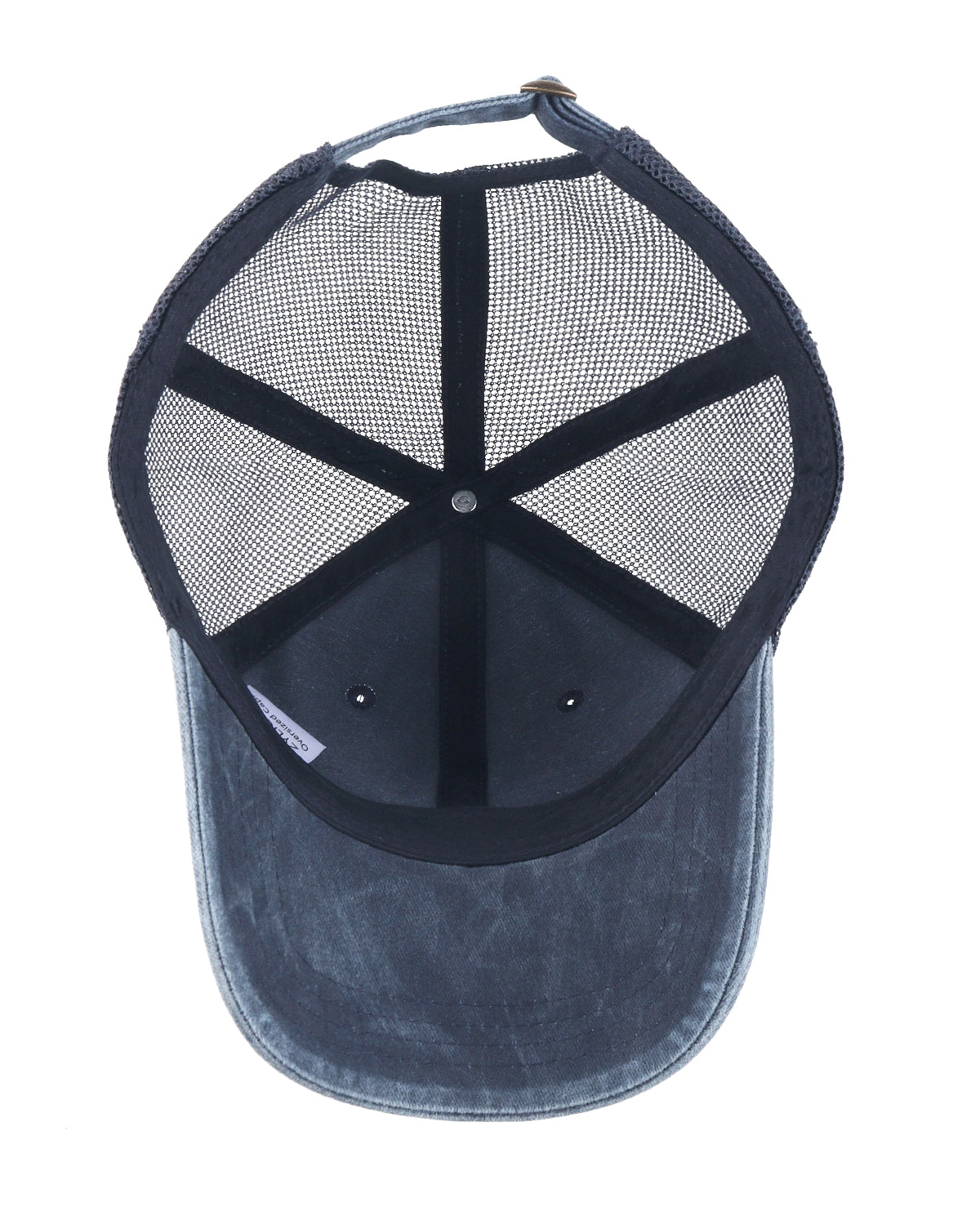 Navy blue cooling mesh washed trucker hat for big heads - interior sweatband detail