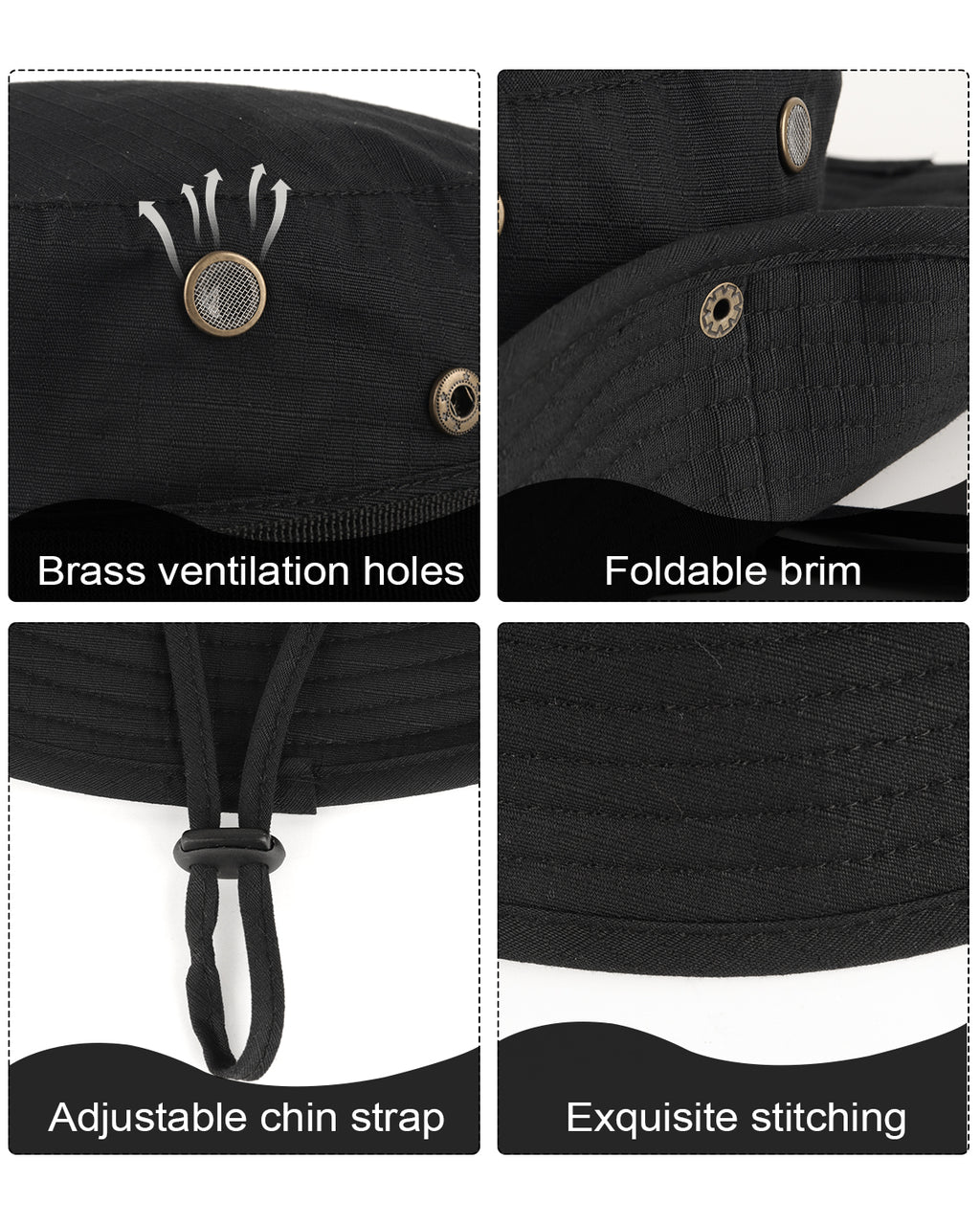 Black tactical boonie sun hat for big heads - tactical features and adjustable chin strap detail