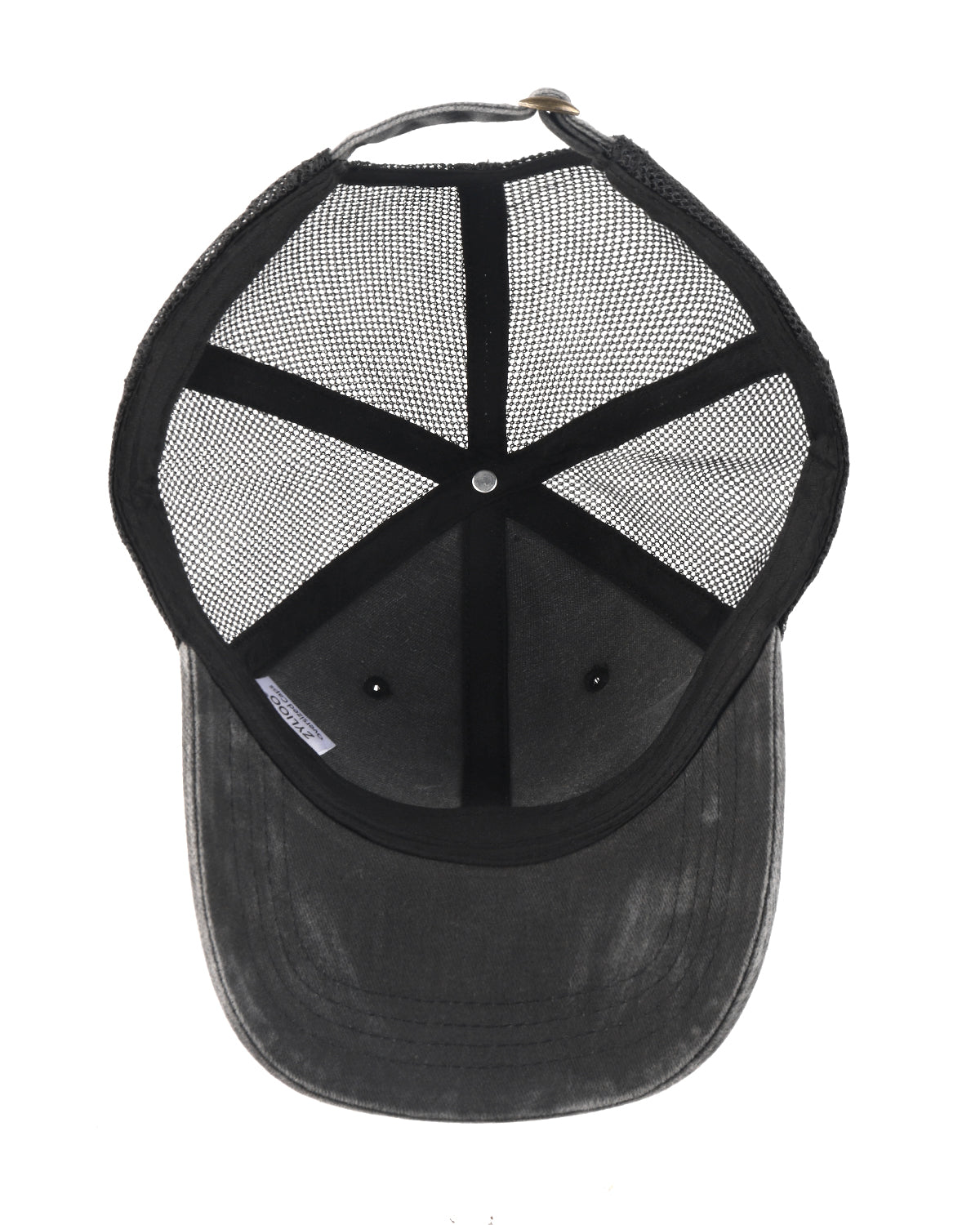 Black cooling mesh washed trucker hat for big heads - interior sweatband detail