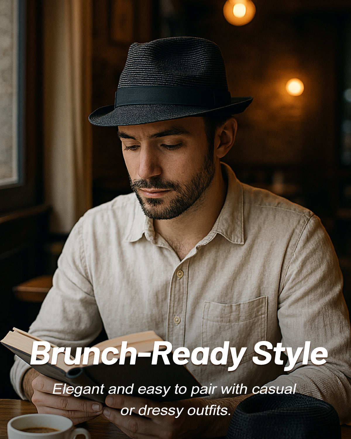 Cuban black fedora straw hat for big heads - on model lifestyle photo