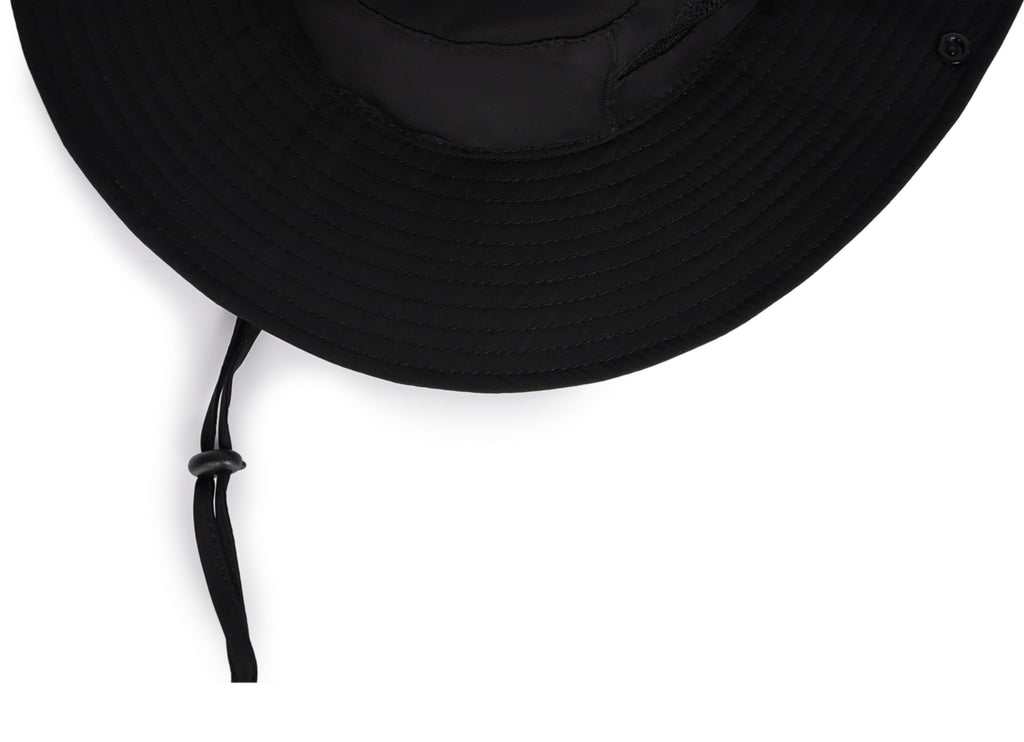 Black quick-dry boonie sun hat for big heads - chin strap windproof detail