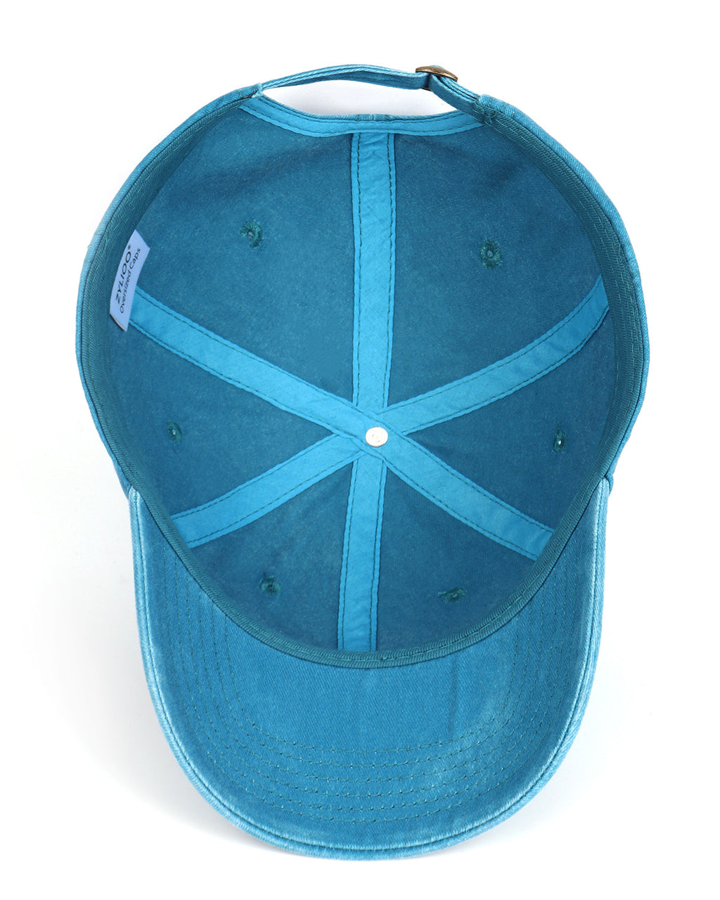 Ink blue washed denim baseball cap for big heads - interior sweatband detail