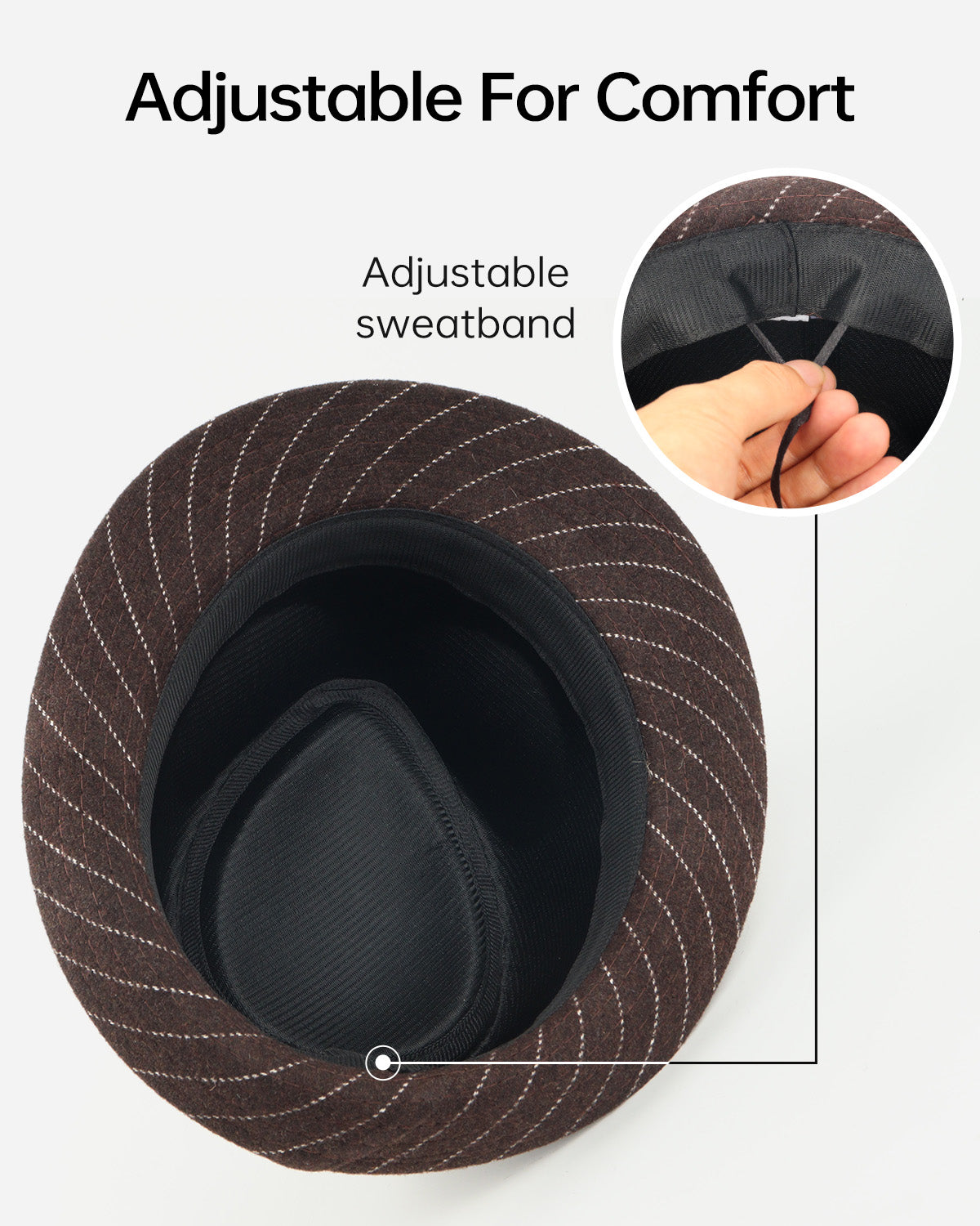 Coffee wool trilby fedora for big heads - interior sweatband detail