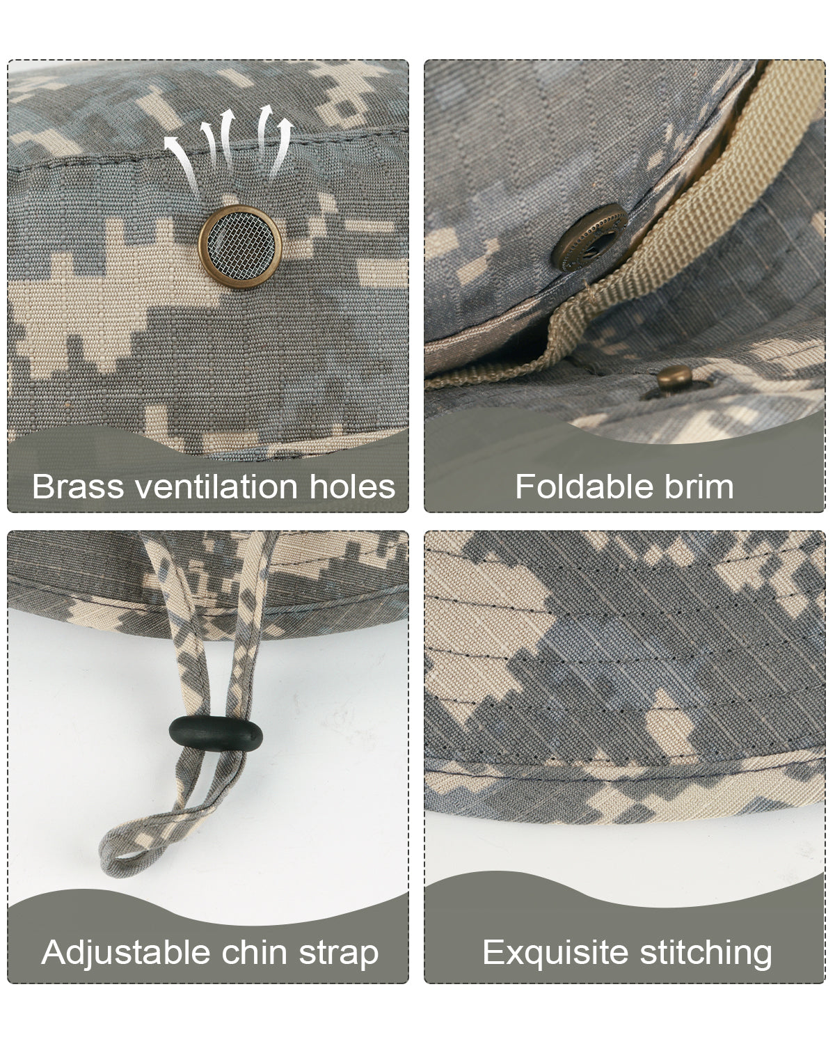 Gray tactical boonie sun hat for big heads - tactical features and adjustable chin strap detail