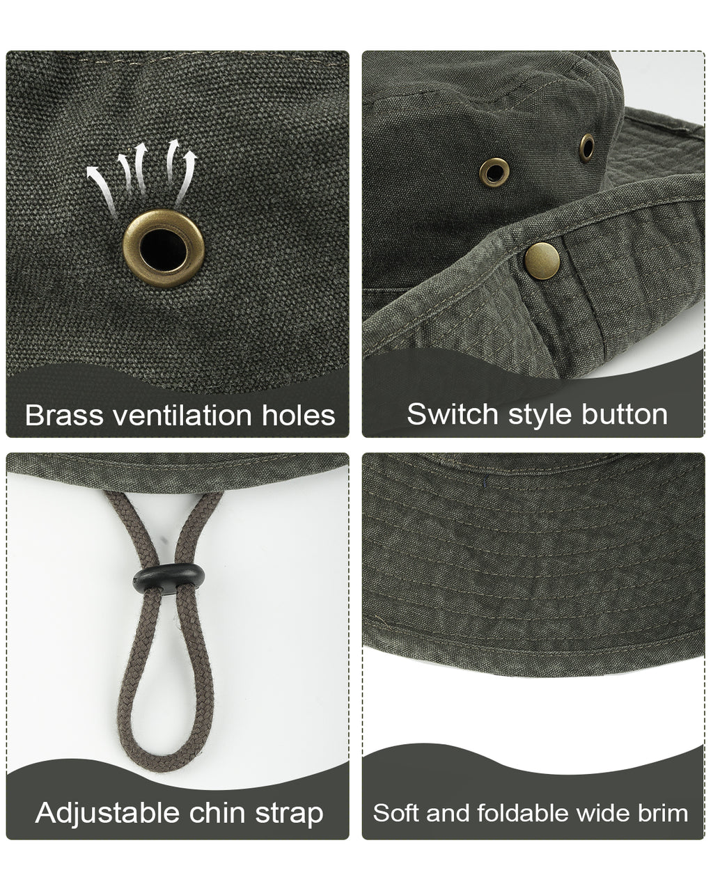 Army green washed boonie sun hat for big heads - interior sweatband detail
