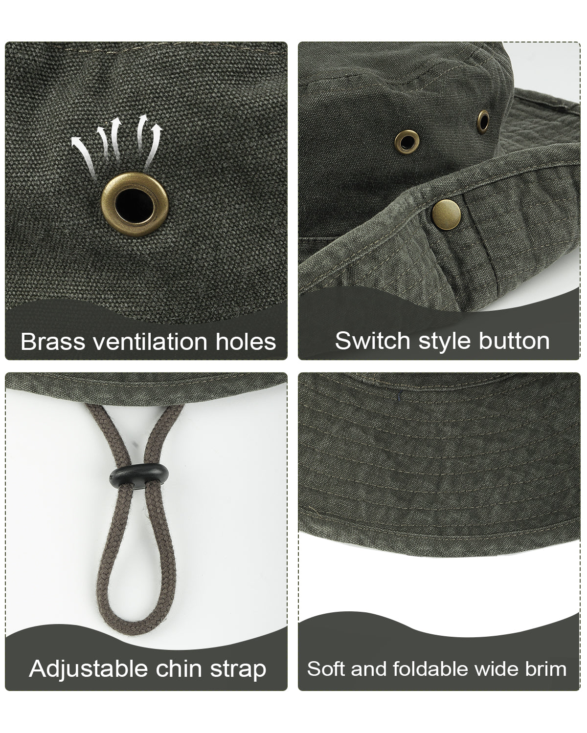 Army green washed boonie sun hat for big heads - interior sweatband detail