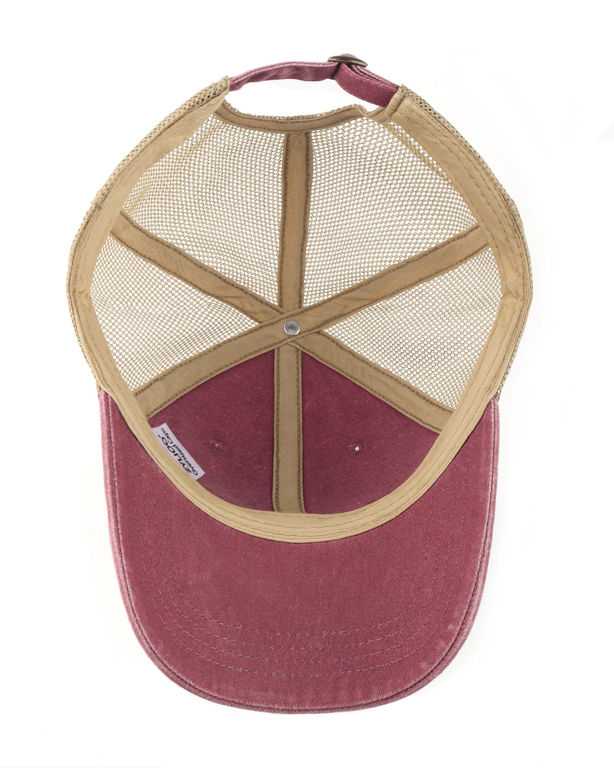 Wine red cooling mesh washed trucker hat for big heads - interior sweatband detail