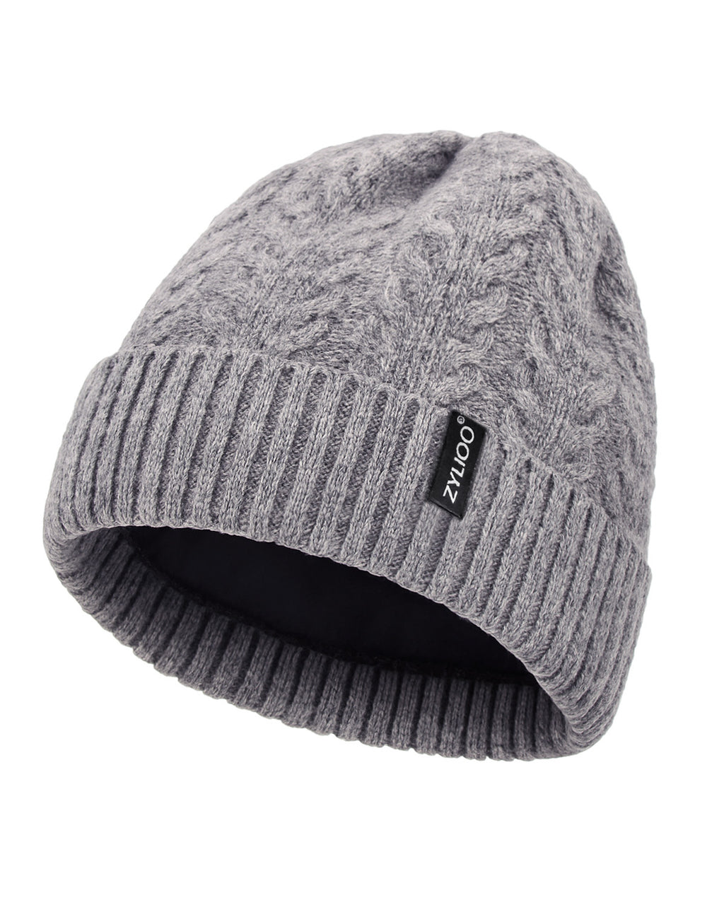 Gray fleece-lined cable beanie for big heads XXL - flat lay display - Zylioo