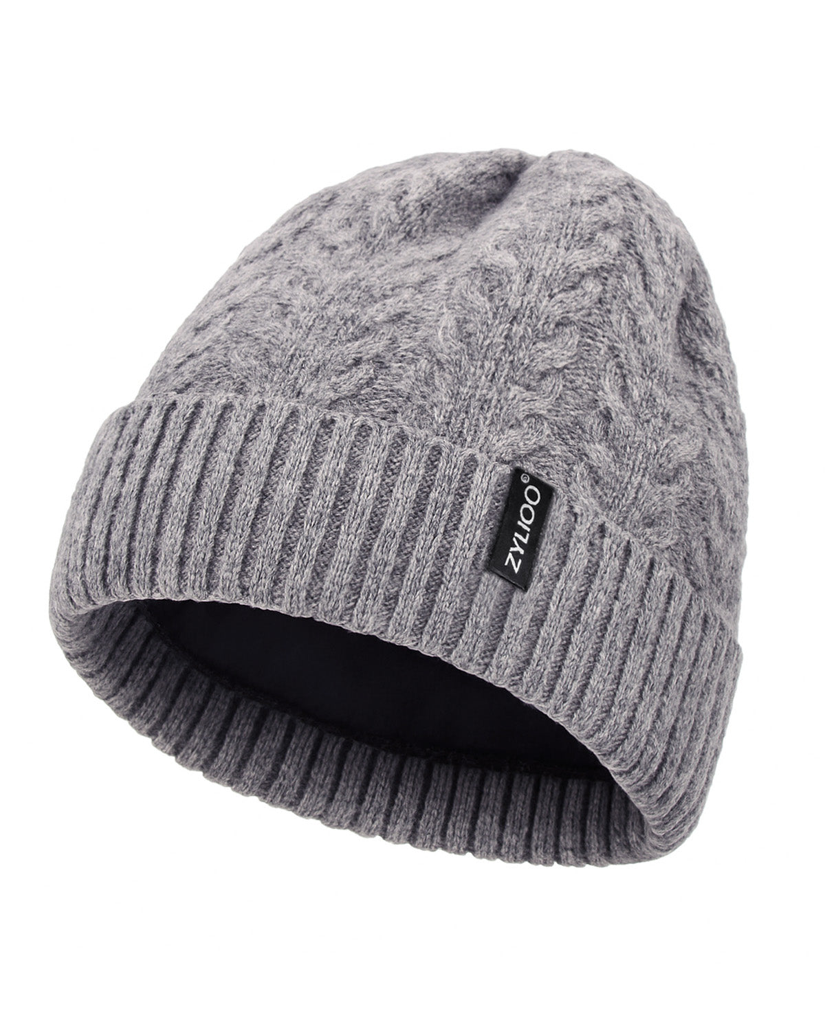 Gray fleece-lined cable beanie for big heads XXL - flat lay display - Zylioo