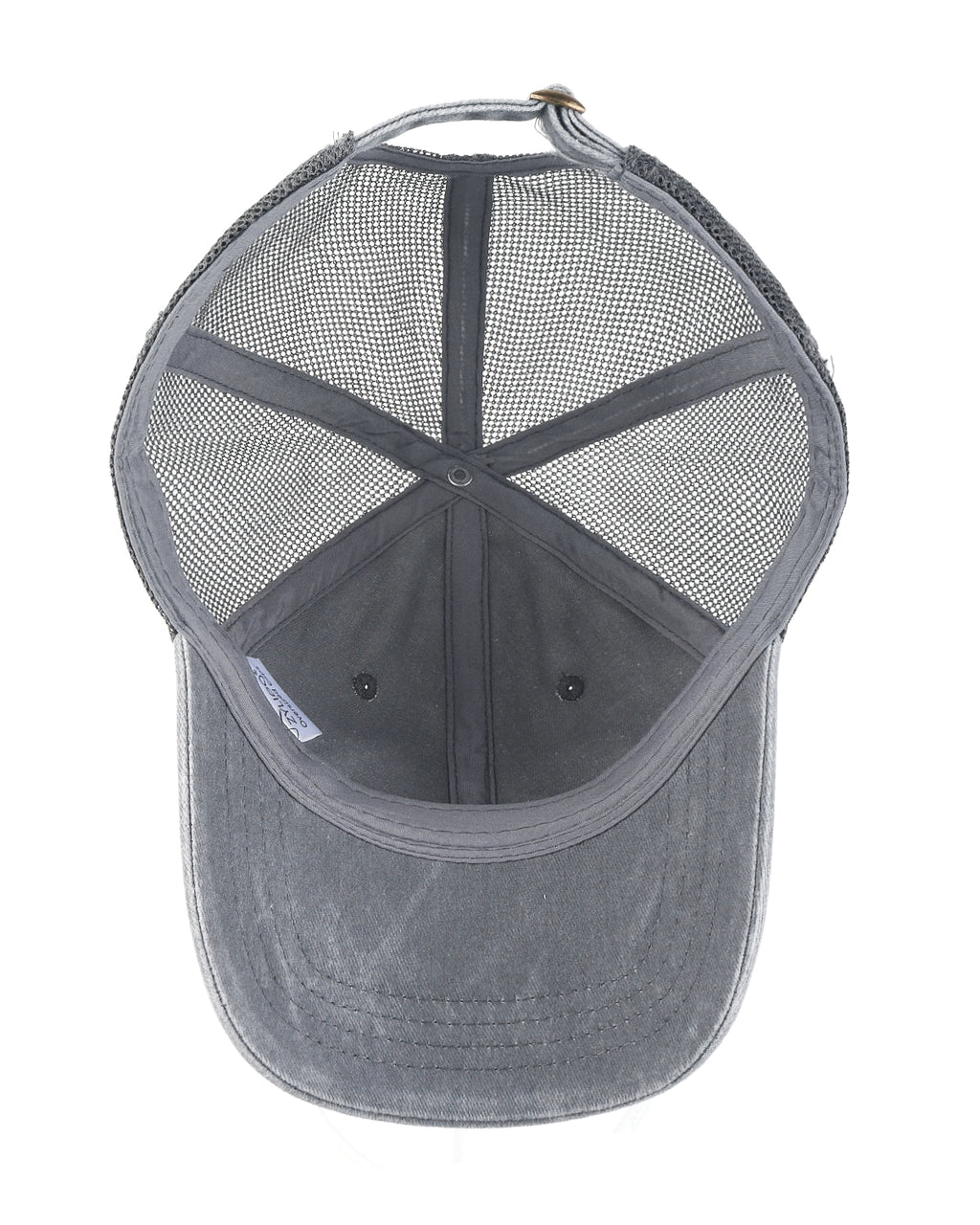 Gray cooling mesh washed trucker hat for big heads - interior sweatband detail