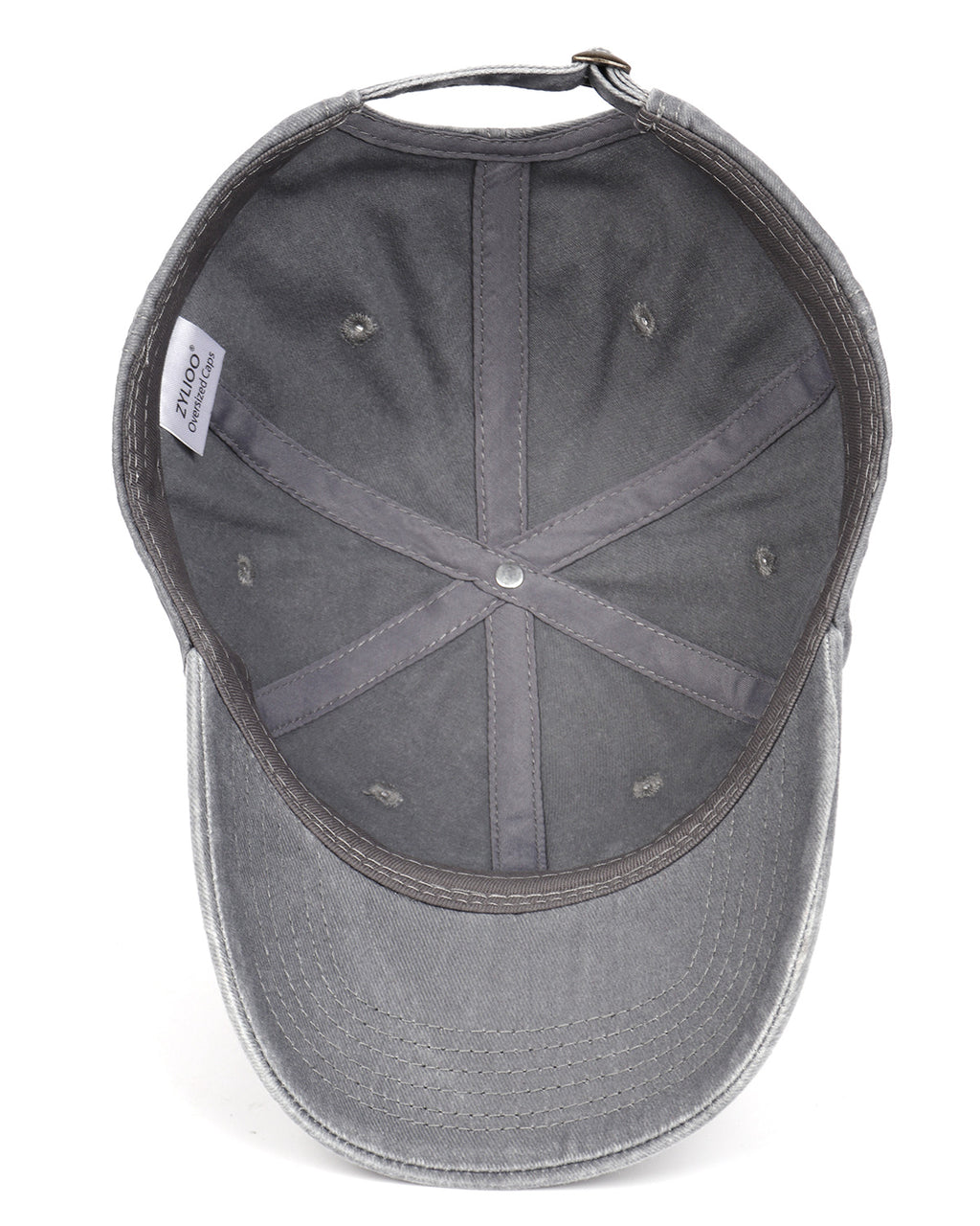 Gray washed denim baseball cap for big heads - interior sweatband detail