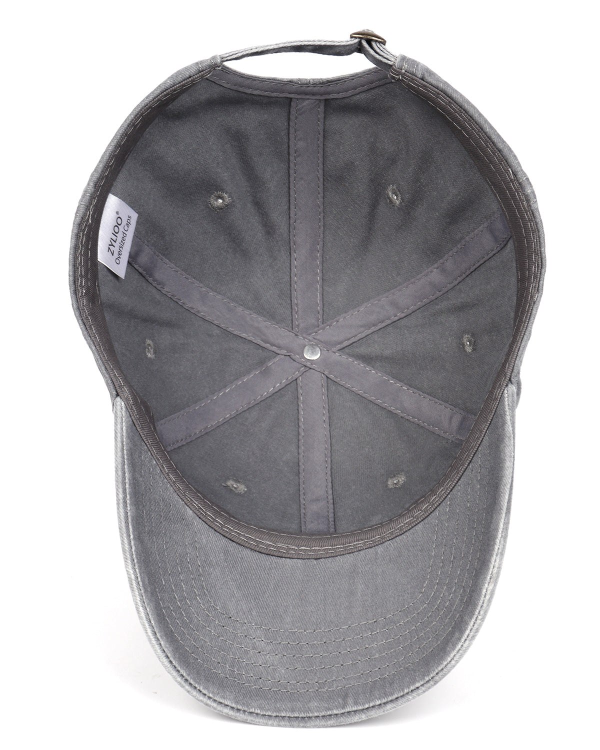 Gray washed denim baseball cap for big heads - interior sweatband detail