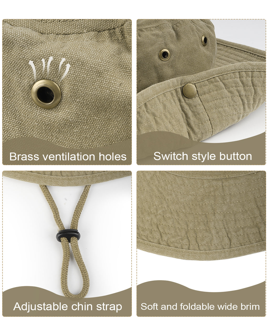 Khaki washed boonie sun hat for big heads - adjustable chin strap and drawstring detail