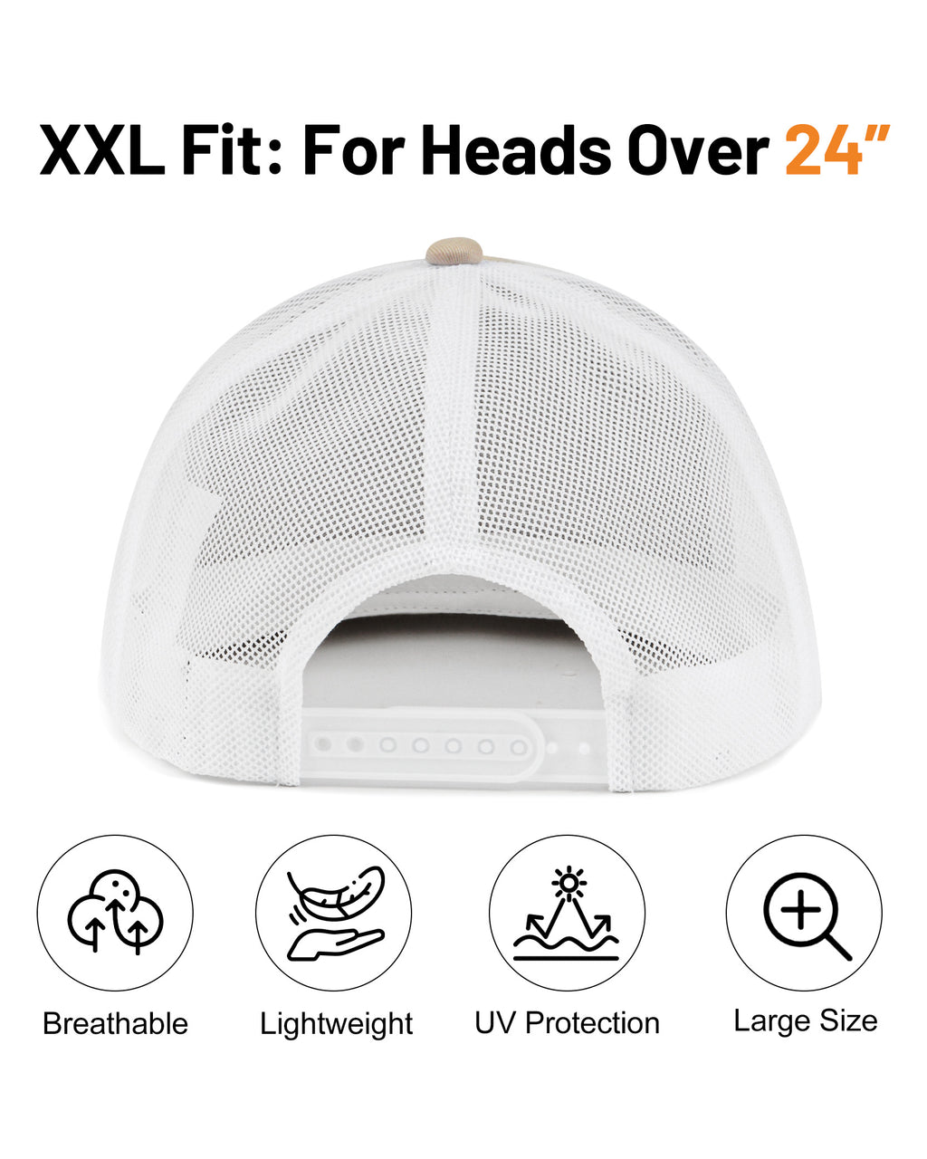 Khaki white mid profile snapback mesh trucker hat for big heads - back view with snapback detail