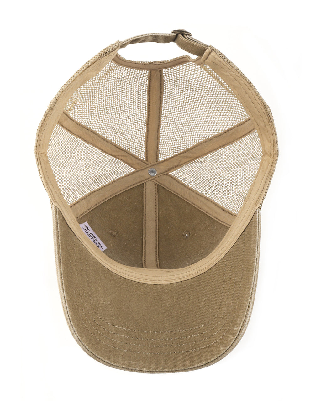 Khaki cooling mesh washed trucker hat for big heads - interior sweatband detail