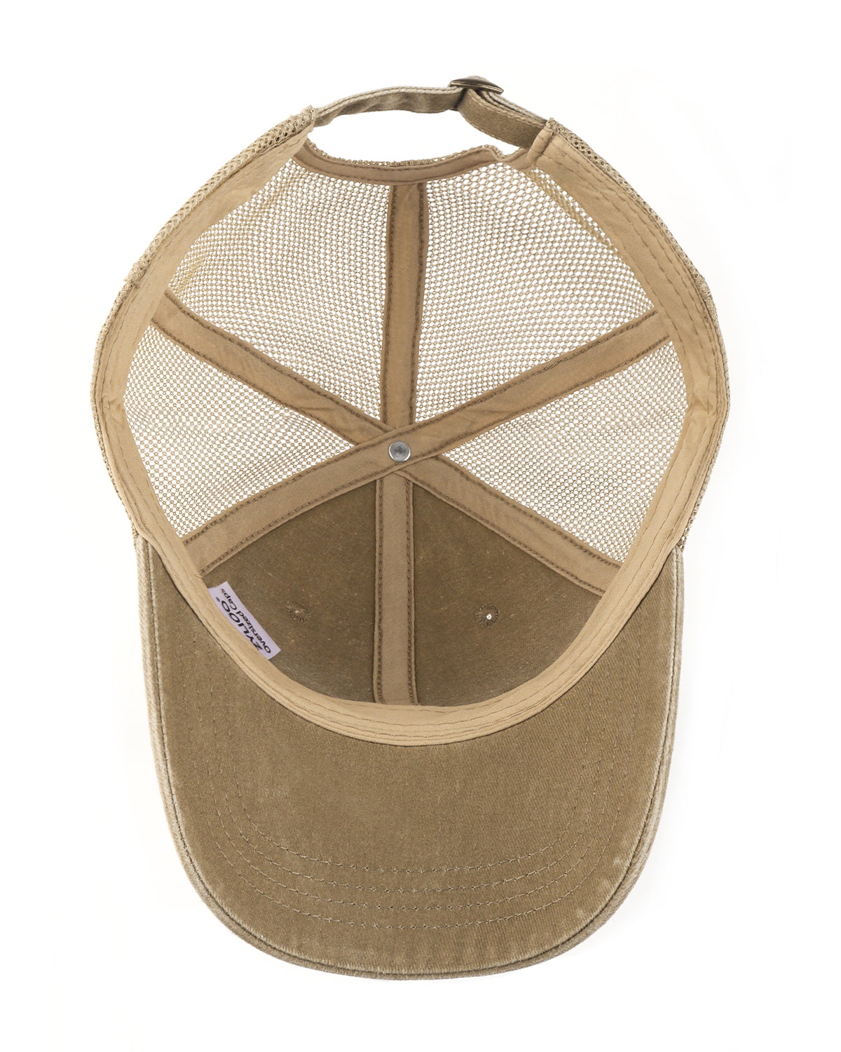 Khaki cooling mesh washed trucker hat for big heads - interior sweatband detail