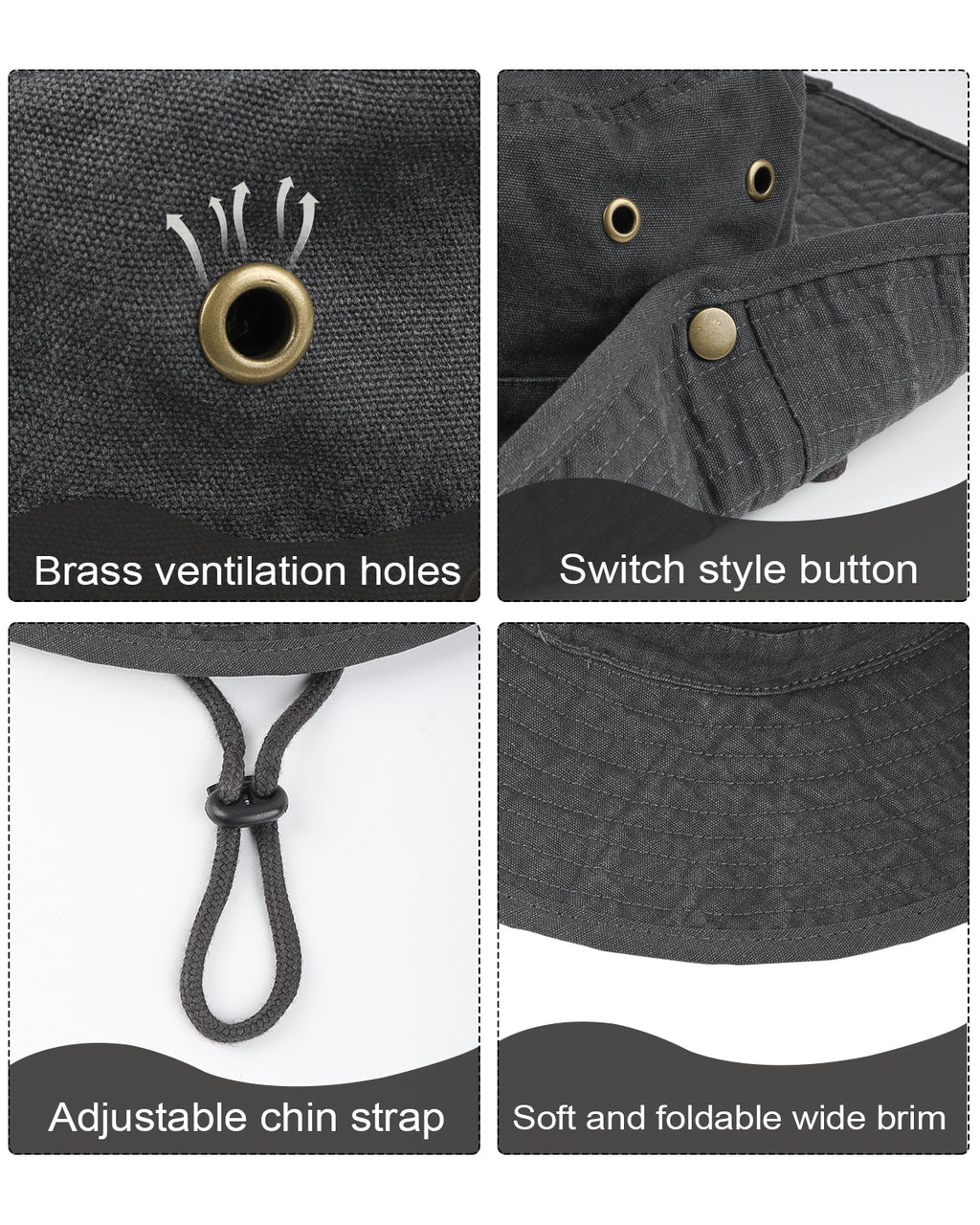 Black washed boonie sun hat for big heads - adjustable chin strap and drawstring detail