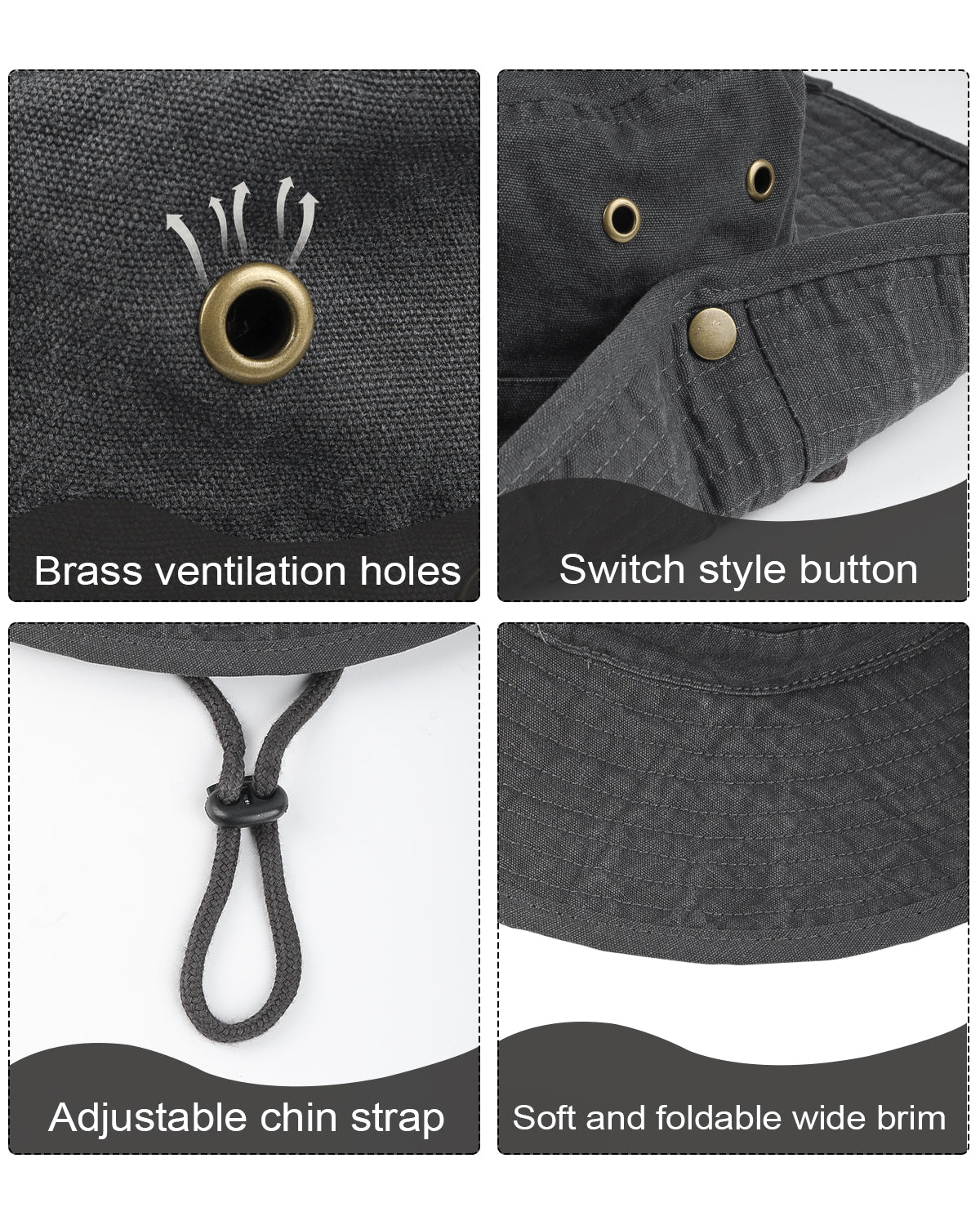 Black washed boonie sun hat for big heads - adjustable chin strap and drawstring detail