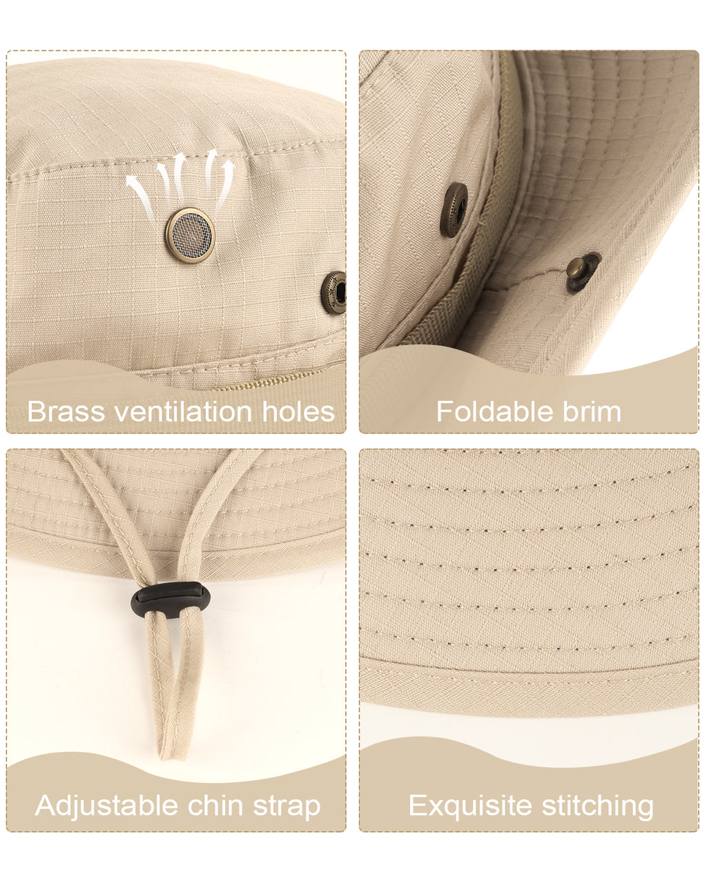 Beige tactical boonie sun hat for big heads - tactical features and adjustable chin strap detail