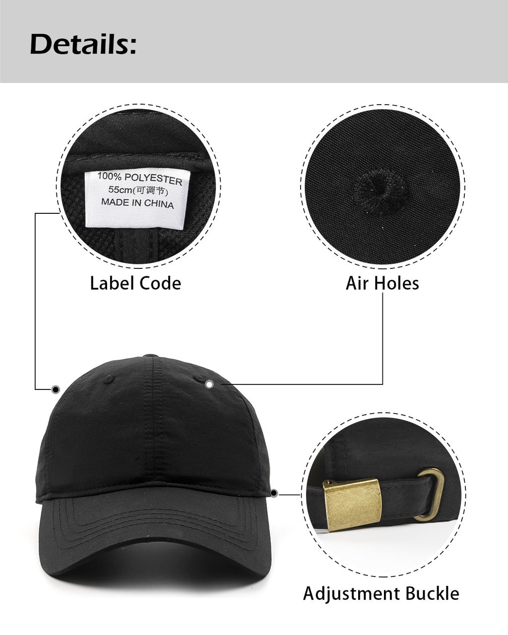 Gorra de béisbol de secado rápido, ajuste pequeño
