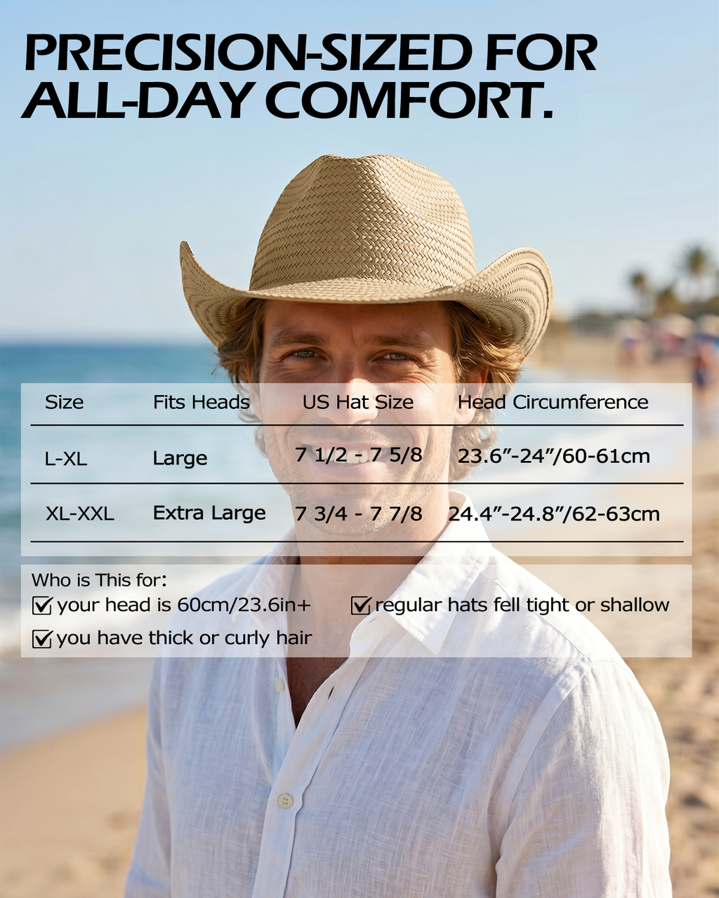 Zylioo large size straw cowboy hat size guide for big heads and thick hair