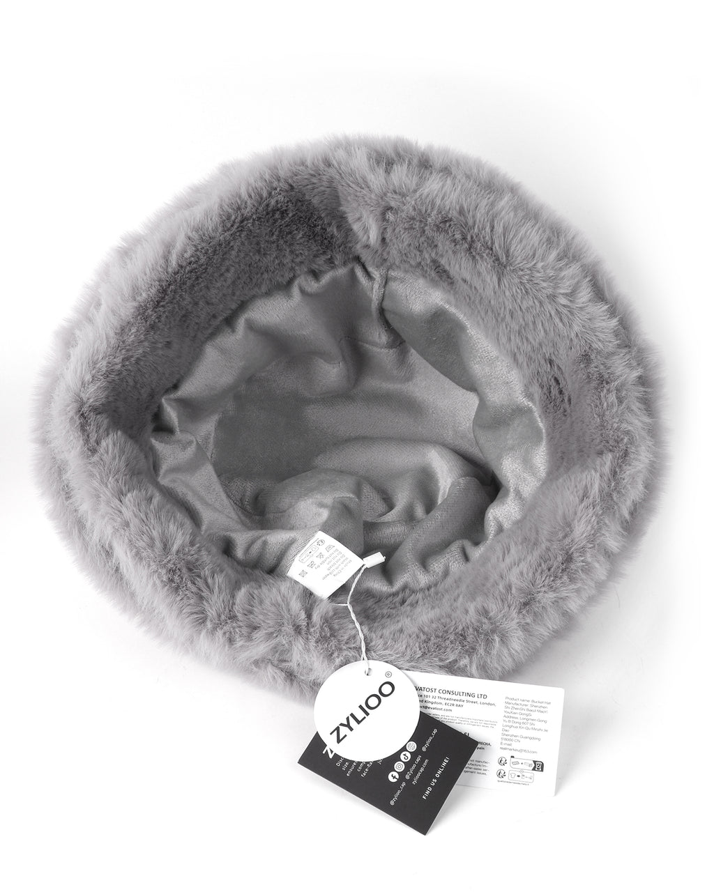 Gray fluffy winter bucket hat for big heads - interior warm lining detail