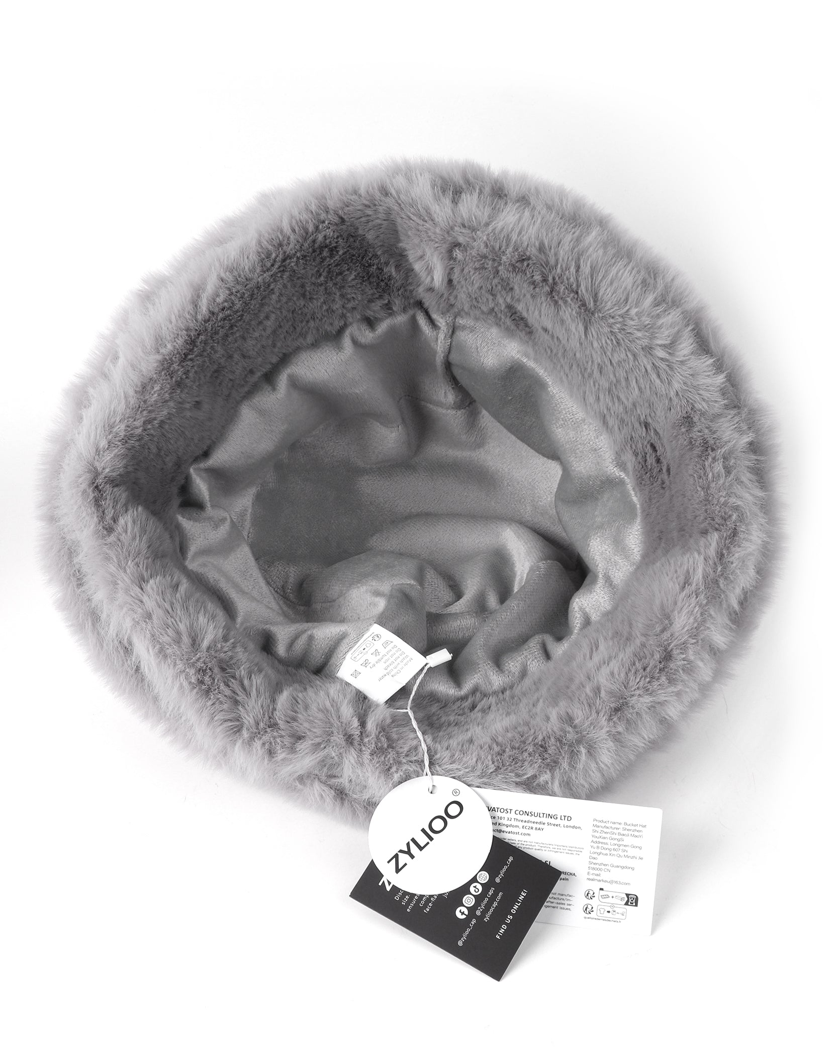 Gray fluffy winter bucket hat for big heads - interior warm lining detail