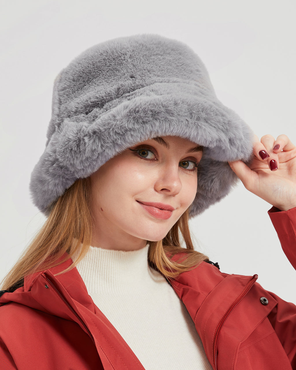 Gray fluffy winter bucket hat for big heads - on model lifestyle photo