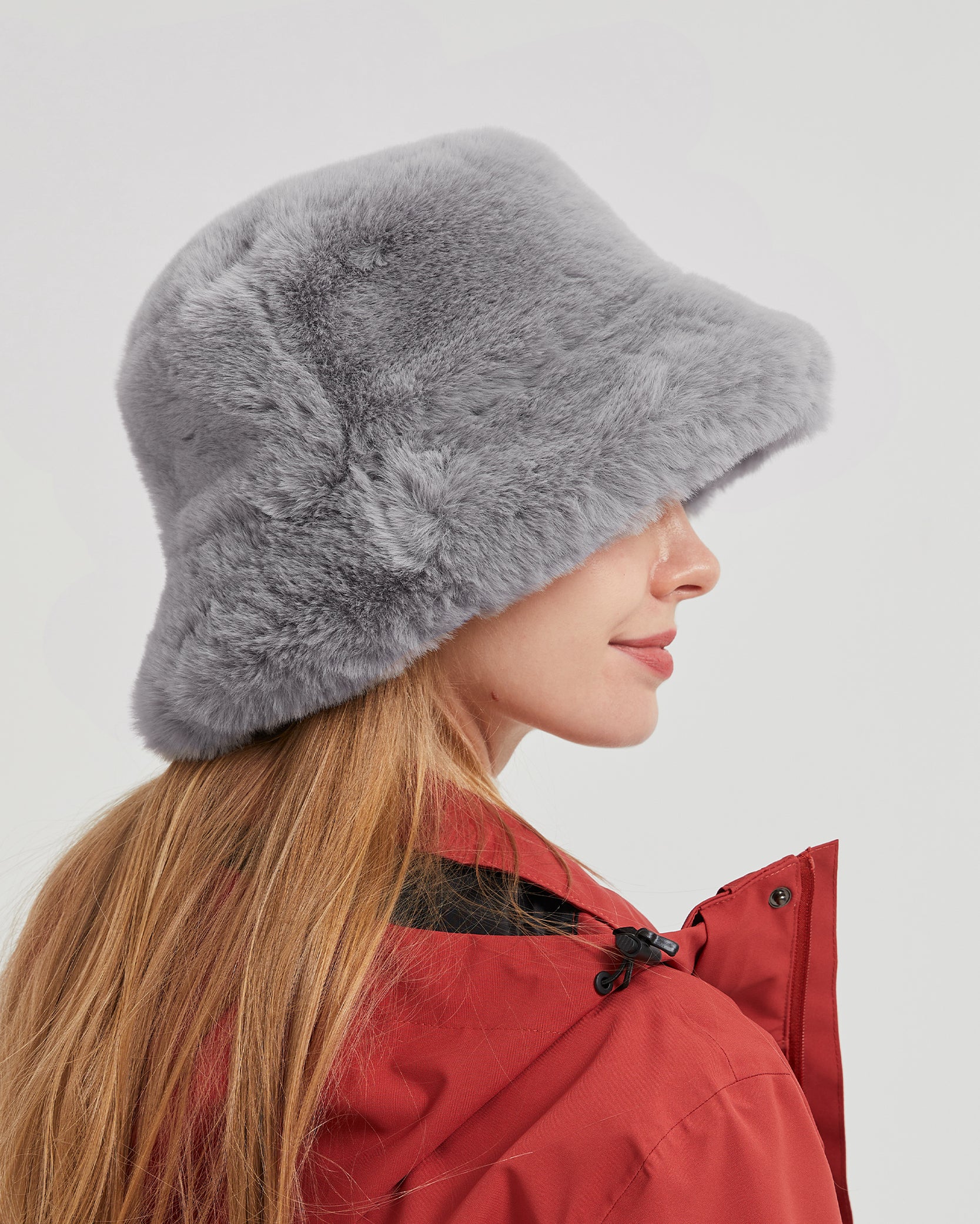 Gray fluffy winter bucket hat for big heads - on model lifestyle photo
