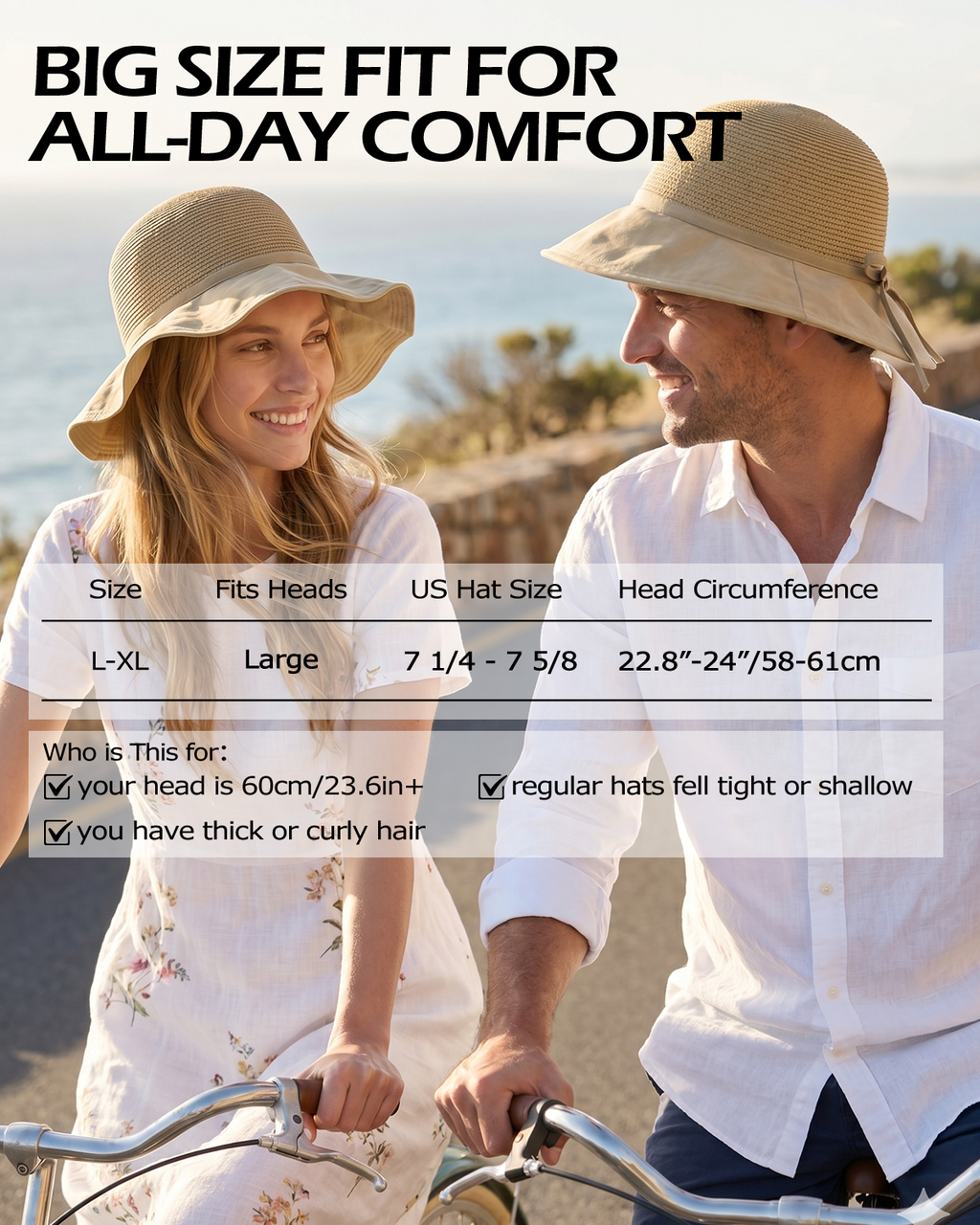 XL Wide Brim Straw Sun Hat for Big Heads