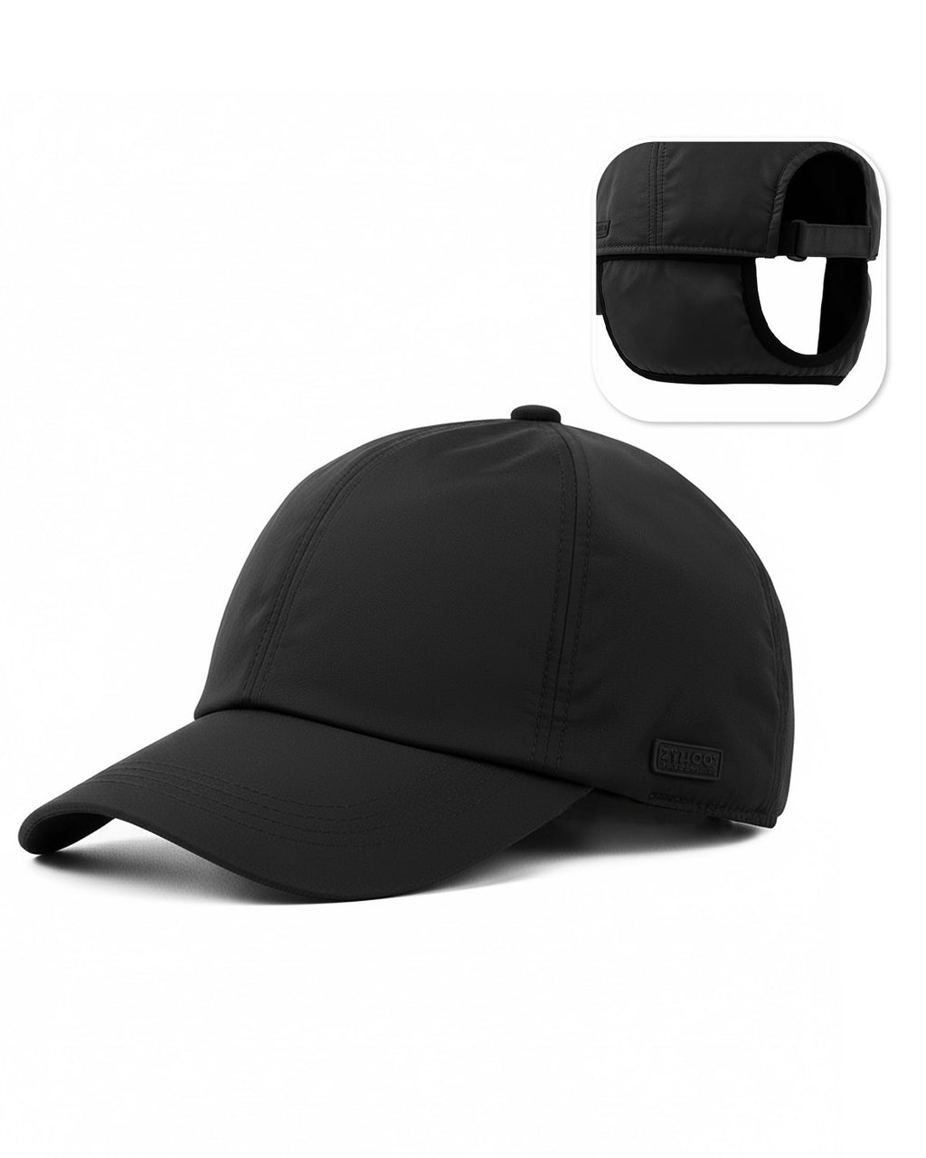 Black thermal baseball cap with ear flaps for big heads front view