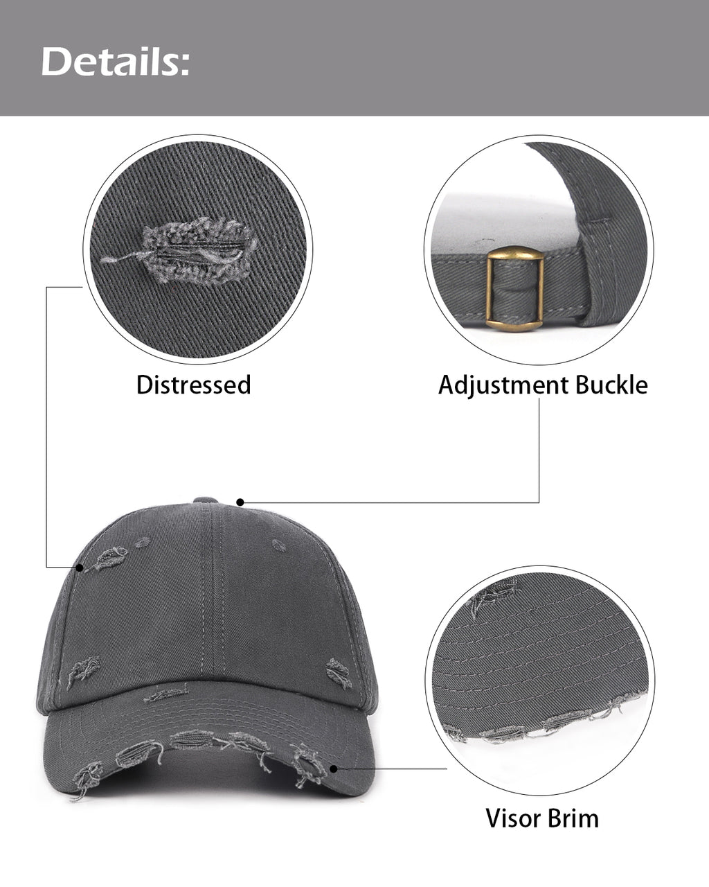 Distressed cotton baseball cap interior lining and construction detail