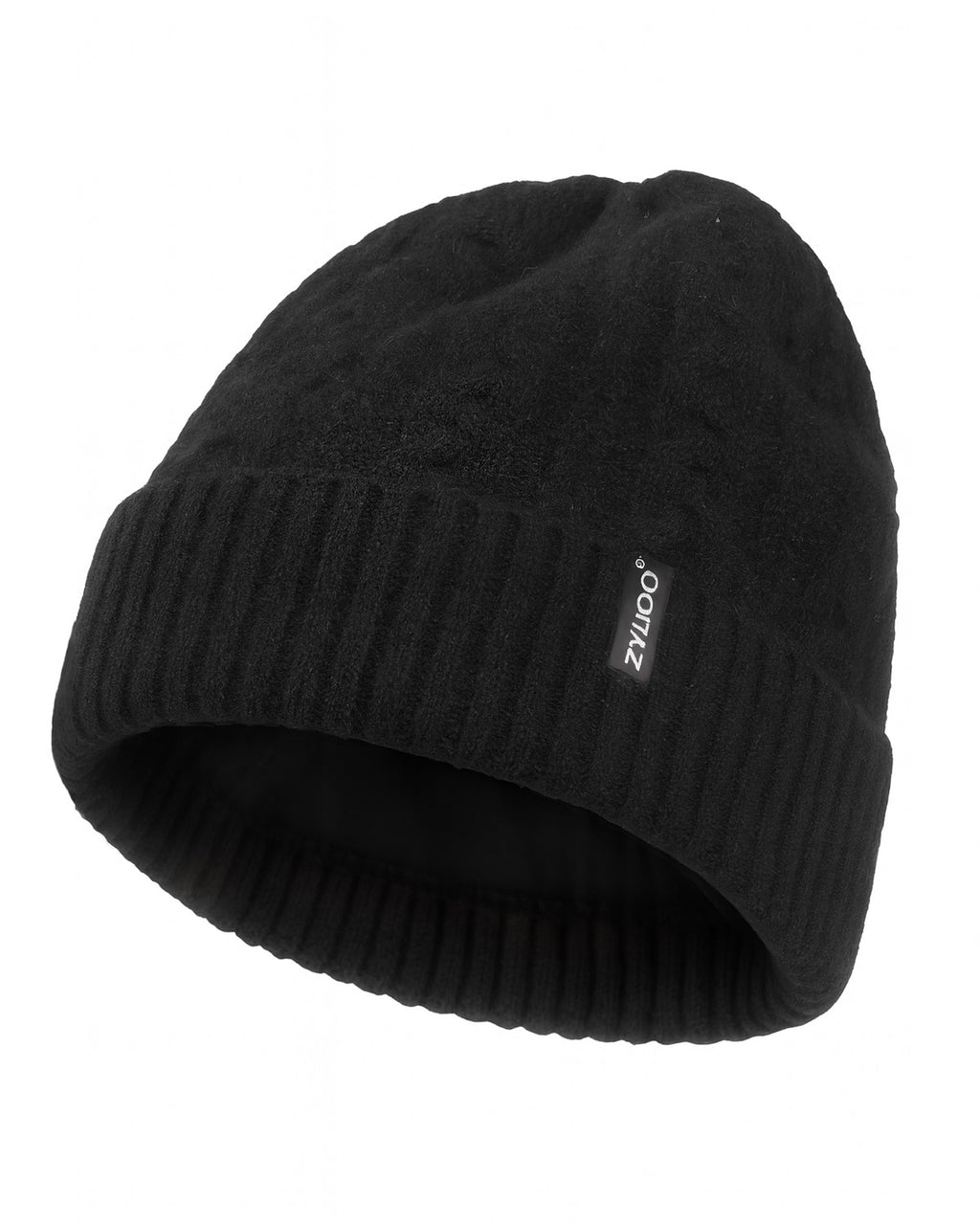 Black fleece-lined cable beanie for big heads XXL - flat lay display - Zylioo