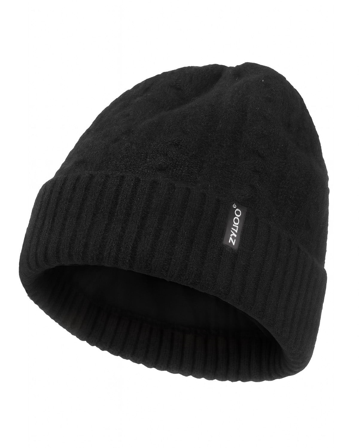 Black fleece-lined cable beanie for big heads XXL - flat lay display - Zylioo