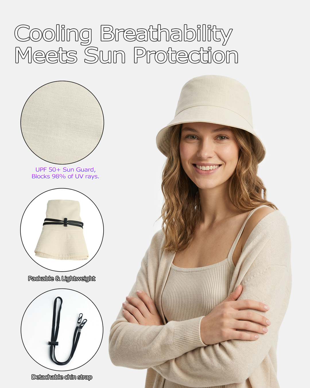 Linen Bucket Hat for Big Heads, UPF 50+ Sun Protection, Travel Hat XXL Linen Bucket Hat for Big Heads | Zylioo main image 2