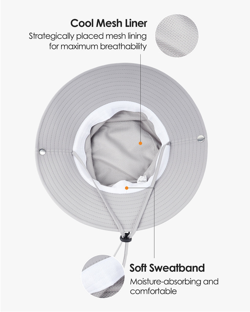 Grey waterproof boonie hat for big heads - interior sweatband detail