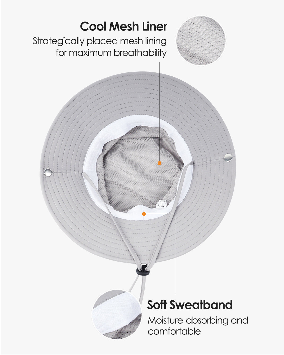 Grey waterproof boonie hat for big heads - interior sweatband detail