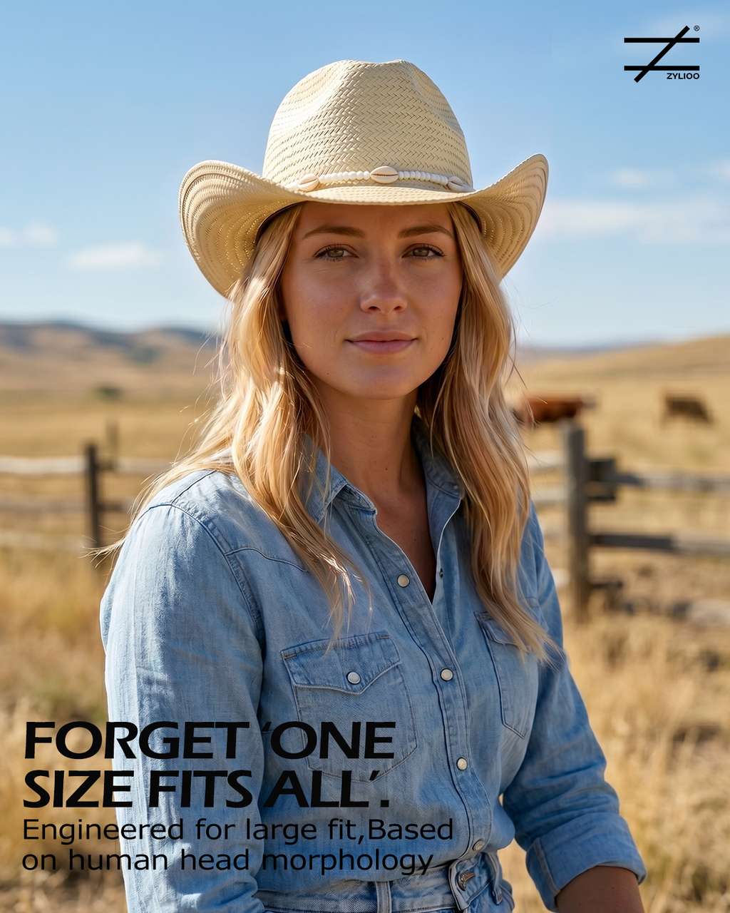 Woman wearing Zylioo straw cowgirl hat with decorative band in ranch setting