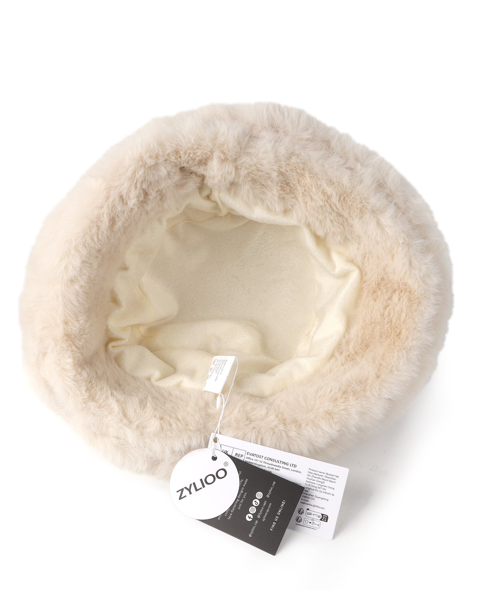 Beige fluffy winter bucket hat for big heads - interior warm lining detail