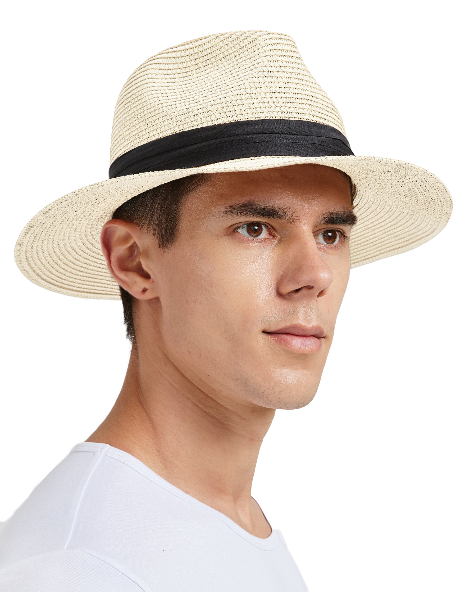 Beige panama straw sun hat for big heads - on model lifestyle photo