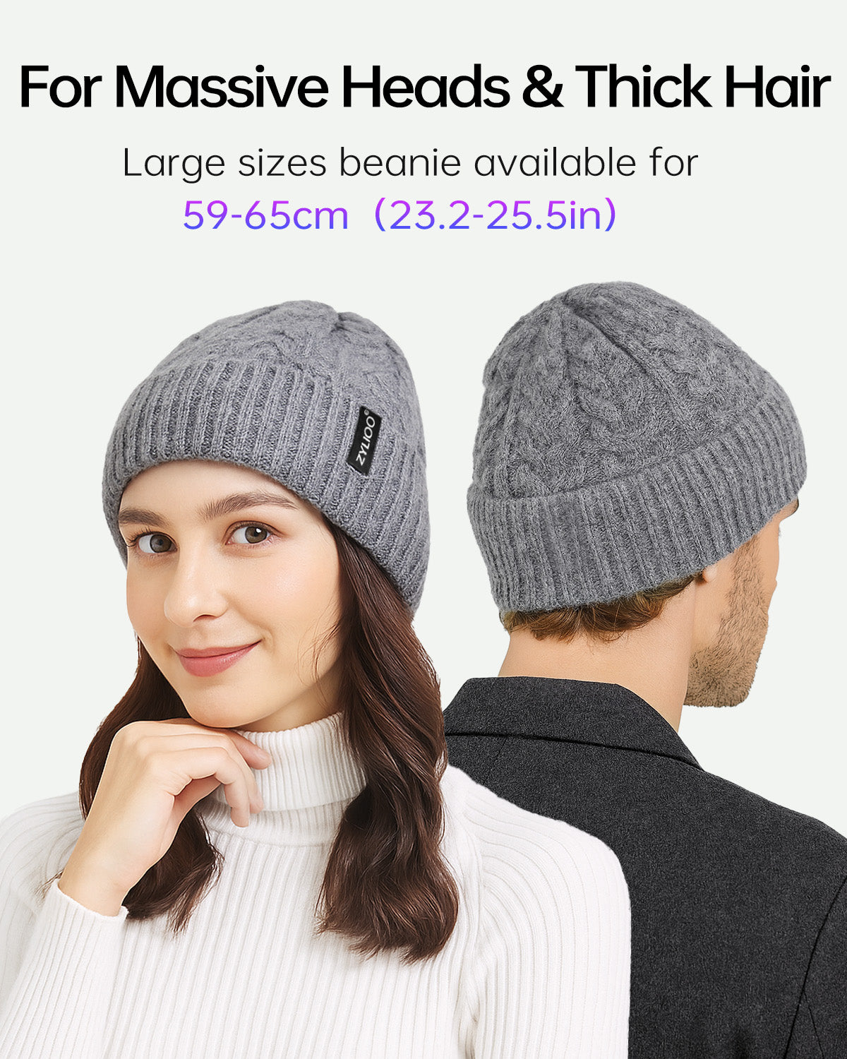Gray fleece-lined cable beanie for big heads - on model lifestyle photo