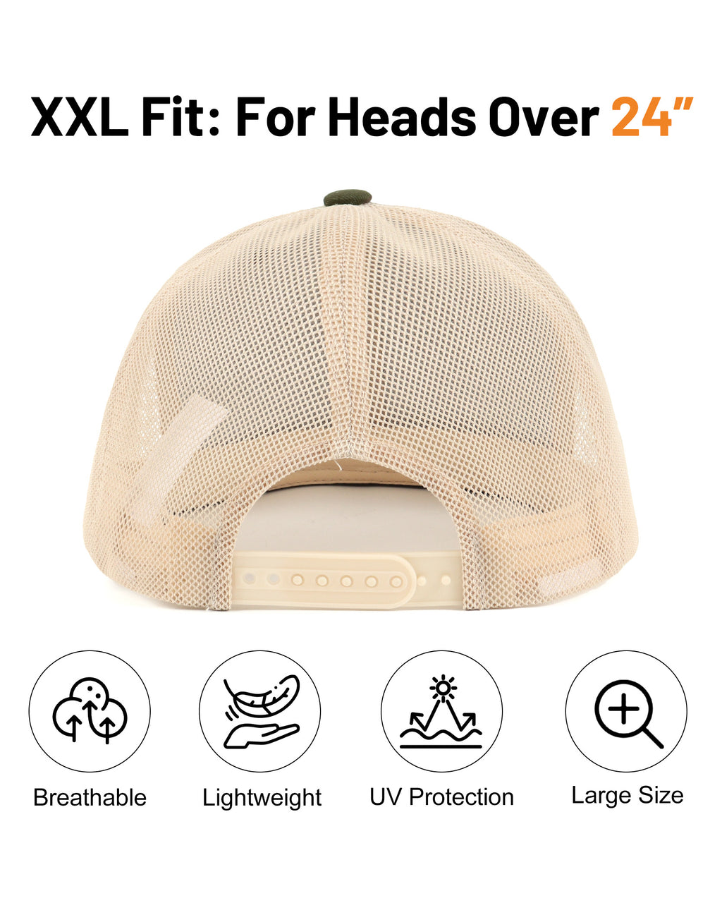 Army green khaki mid profile snapback mesh trucker hat for big heads - back view with snapback detail