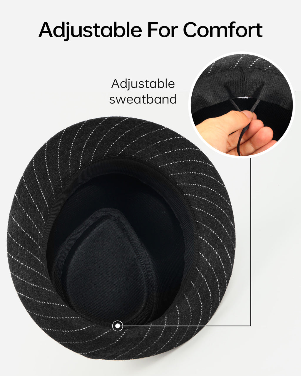 Black wool trilby fedora for big heads - interior sweatband detail