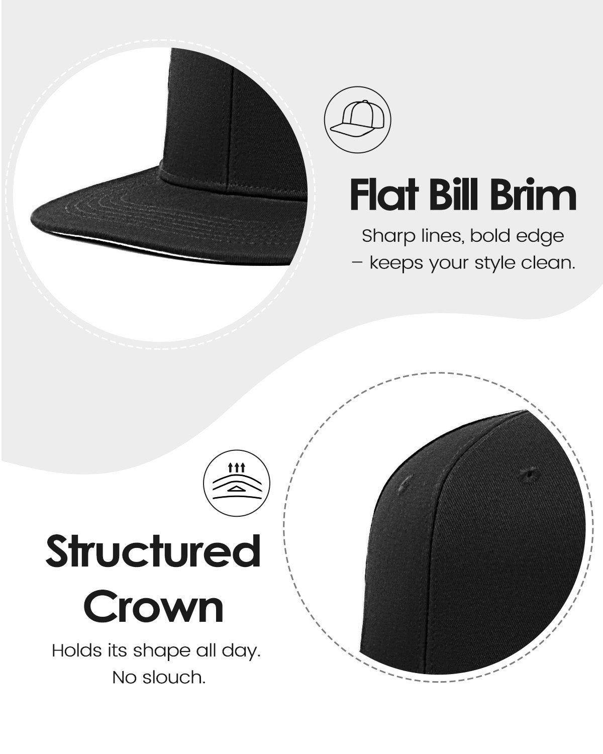 Black flat bill snapback baseball cap for big heads - front view with flat brim and crown detail