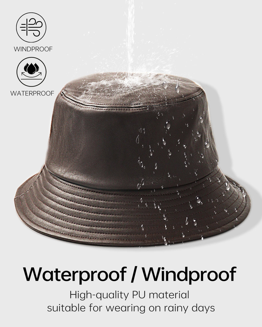 Brown PU leather bucket hat for big heads - waterproof surface detail
