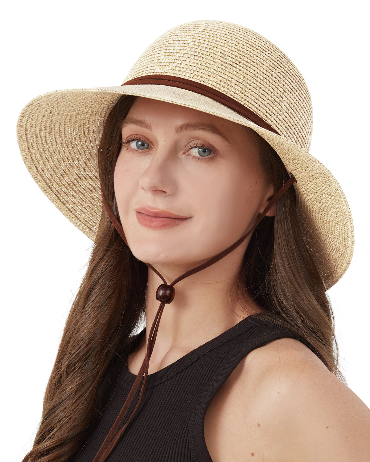 Beige strap wide brim straw hat for big heads - on model lifestyle photo