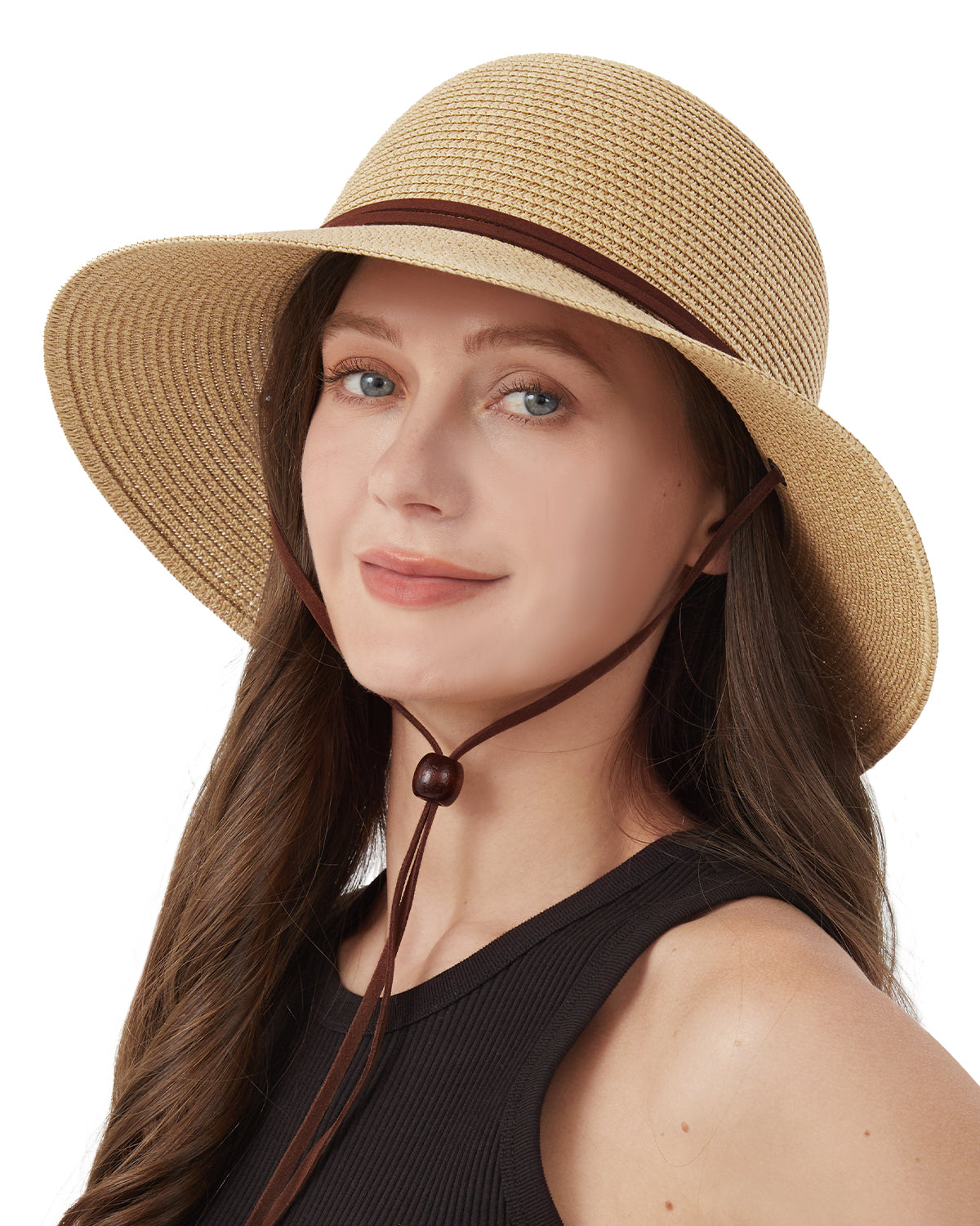 Mix beige strap wide brim straw hat for big heads - on model lifestyle photo