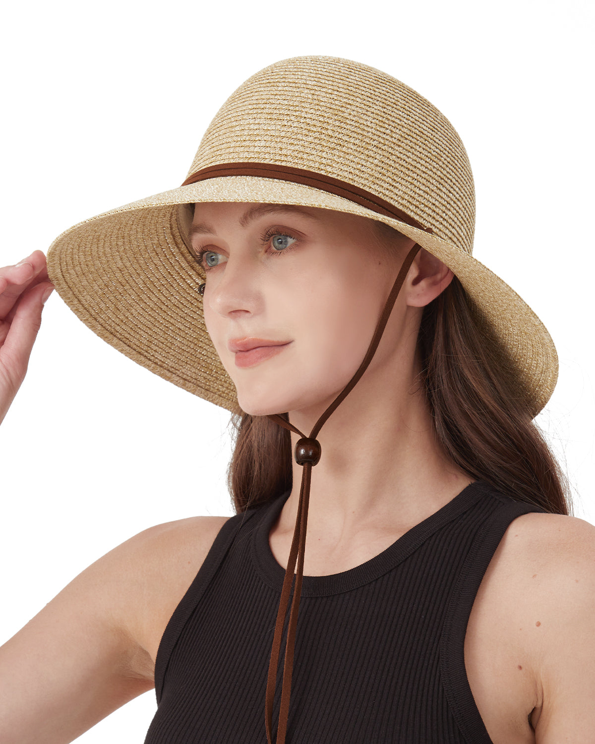 Khaki strap wide brim straw hat for big heads - on model lifestyle photo