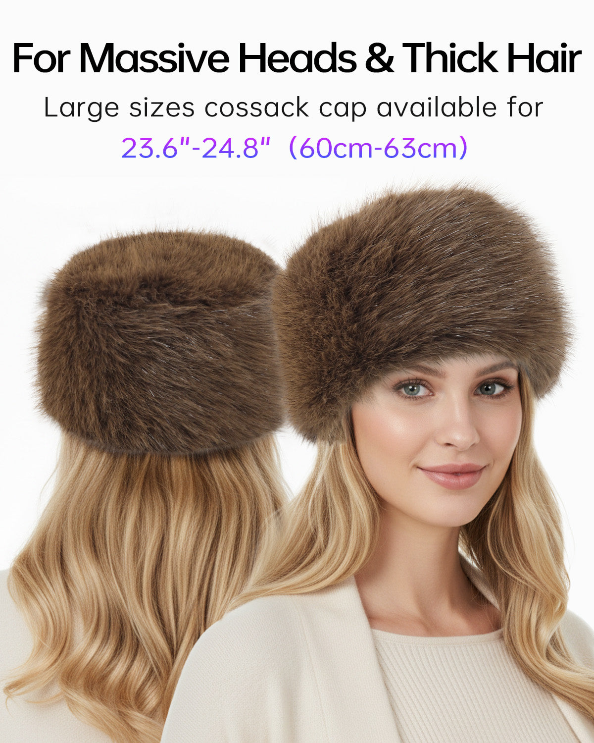 Brown faux fur cossack hat for big heads - interior warm lining detail